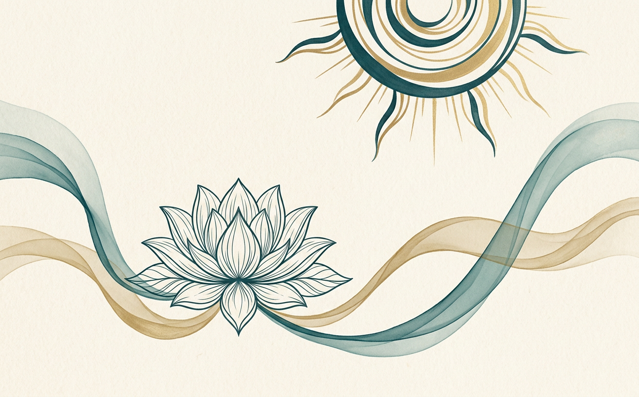 Abstract sun and lotus artwork in teal and gold